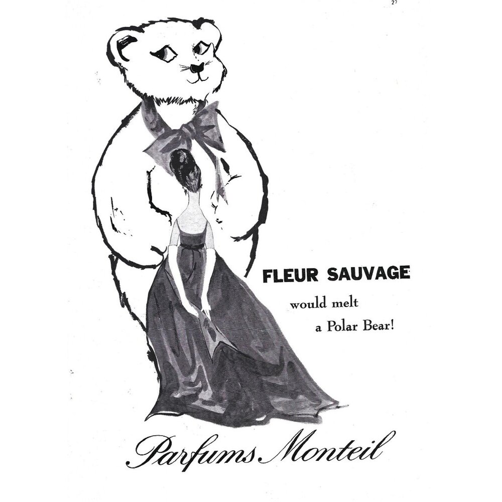 Fleur Sauvage Polar Bear Perfumes Monteil 1950s Vintage Print Ad 9 inch Tall